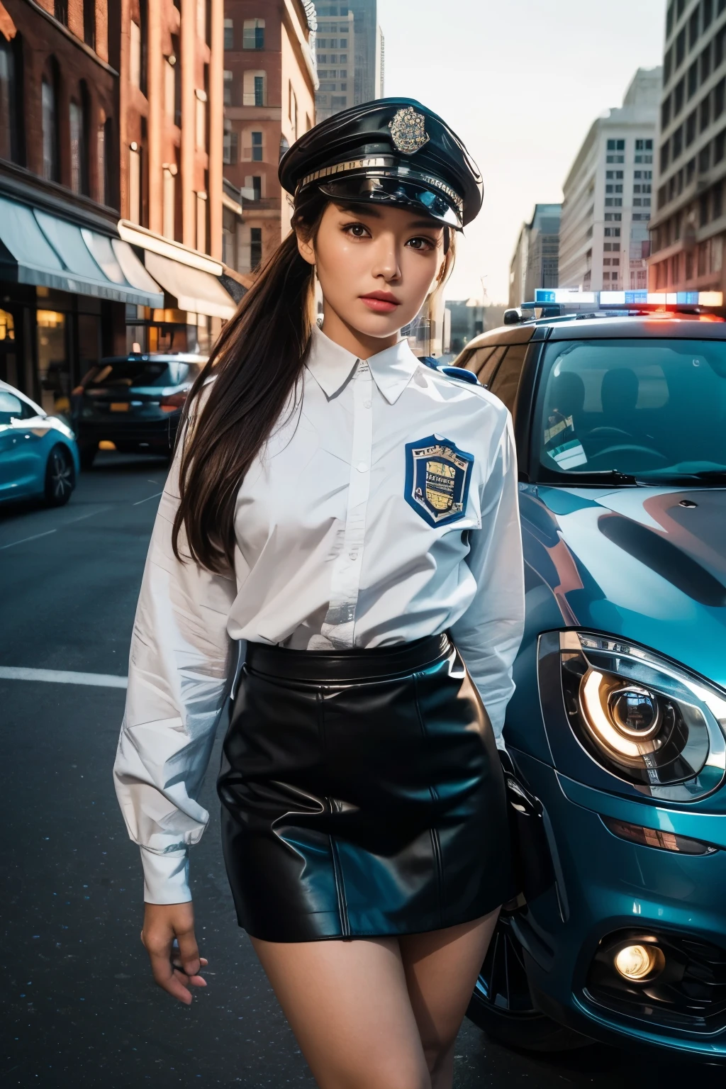 ((best quality)), ((masterpiece)), (detailed), perfect face, best quality, table top, Beautiful mature woman, beautiful face, A woman with a strong heart, Female Police Officer, hat, mini skirt, brown hair, brown eyes, long hair, ponytail, small eyes, whole body, downtown, in front of the police car, Police cars are white and black,