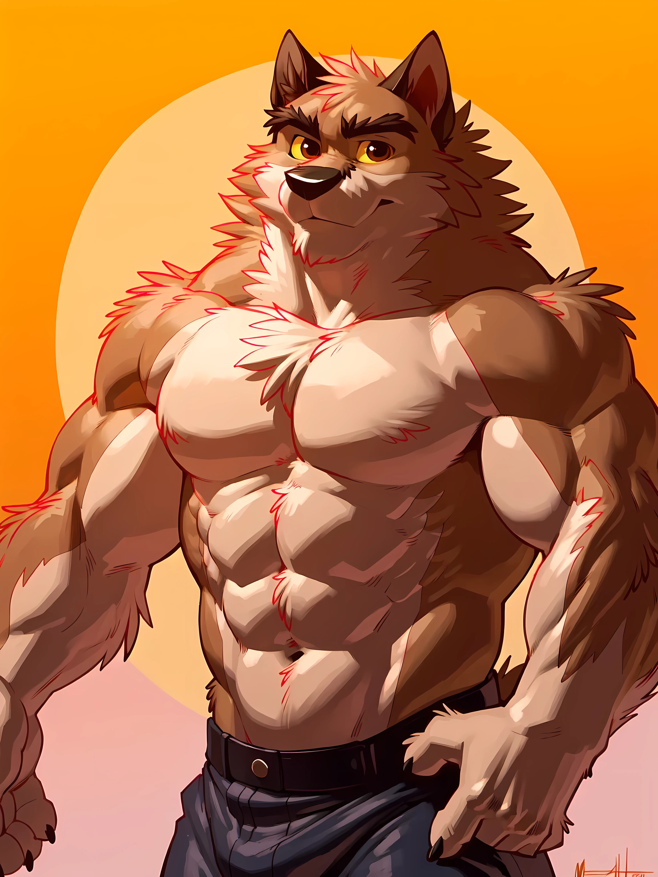 balto, 4k, high resolution, best quality, detailed, posted on e621, solo, anthro body, older male, masculine, male, very masculine, (very muscular:1.2), (plain background:1.1), (correct anatomy):1, (detailed eyes:1.1), sexy, (cel shaded:1.2), cartoony shading, (strong shadows, dramatic shadows):1.2, confident, (by takemoto arashi, by meesh, by Taran Fiddler), strong, (half body, upper body:1.1), brown eyes, yellow sclera