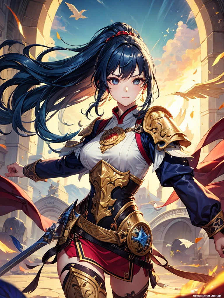 칼과 방패로 갑옷을 입은 female warrior, female warrior, beautiful article, paladin, perfect face
