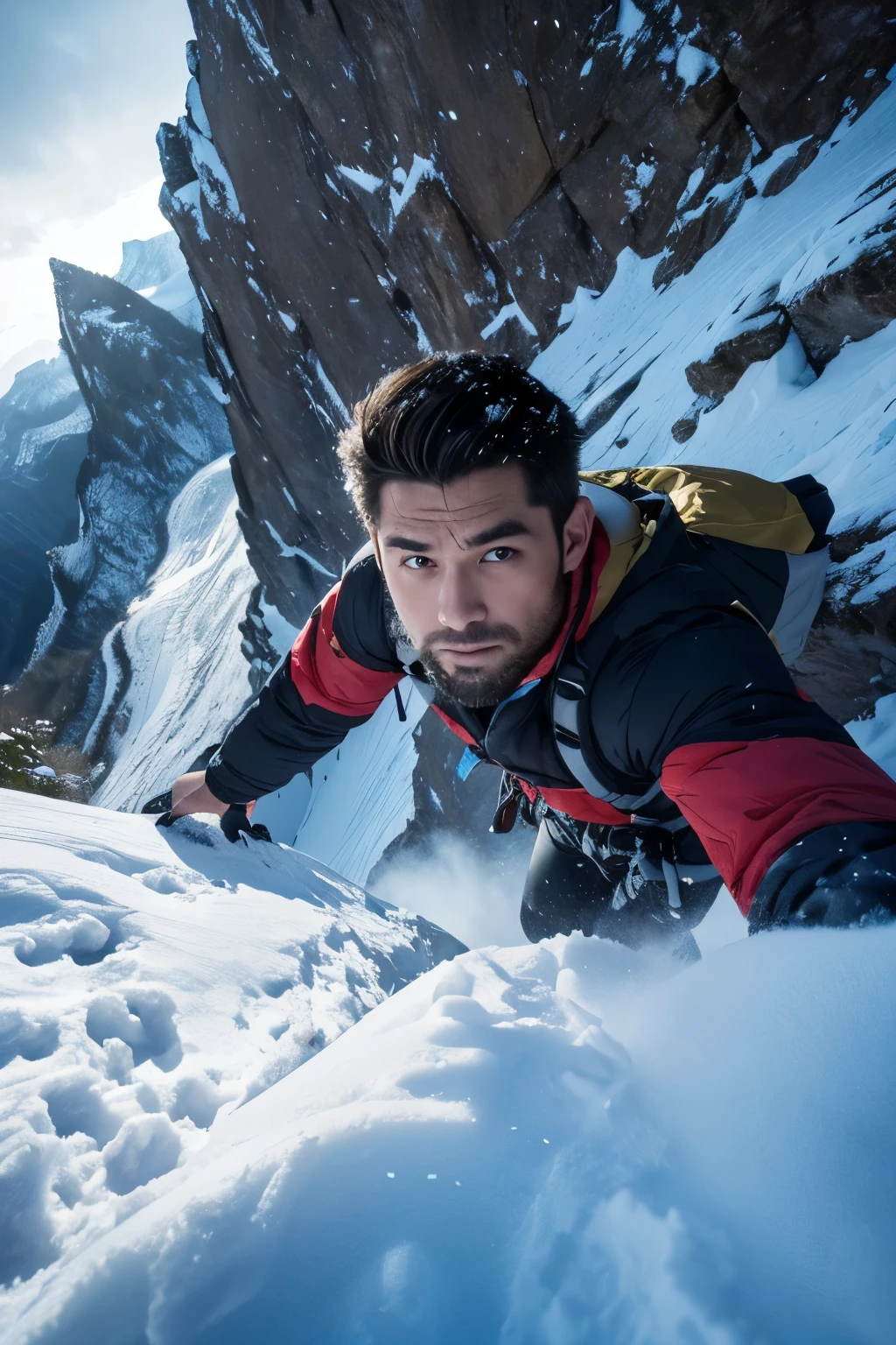 a man climbing a steep mountain cliff, dramatic closeup of face, eyes focused, reaching out to place pitons, epic landscape, dramatic lighting, cinematic, photorealistic, 8k, highly detailed, masterpiece、Snow Mountain、Blizzard、Snow is blowing、The whole thing is Snow Mountain、Snow is falling、Add more snow、