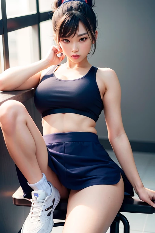 A woman in a short skirt sits on a chair., bend into a pose, Hit to the leg and thigh, sitting on a stool, Human hind legs and sneakers, bent posture, sports bra and navy blue shorts, Squatting pose, Clemens Usher, leaning over, knees upturned up, sitting on a chair, thick legs, hips hips hips hips, Chun Li at the gym