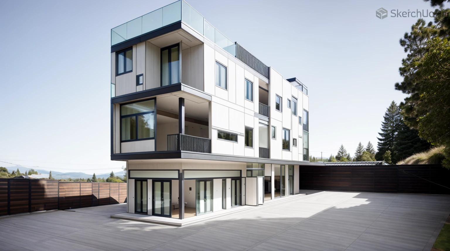 house exterior contemporary style, modernism, glass doors and windows,black metal rail, conwood ceilling, masterpiece, highquality, realistic photo, canon eos 5D mark, natural light, inspired of Sou Fujimoto