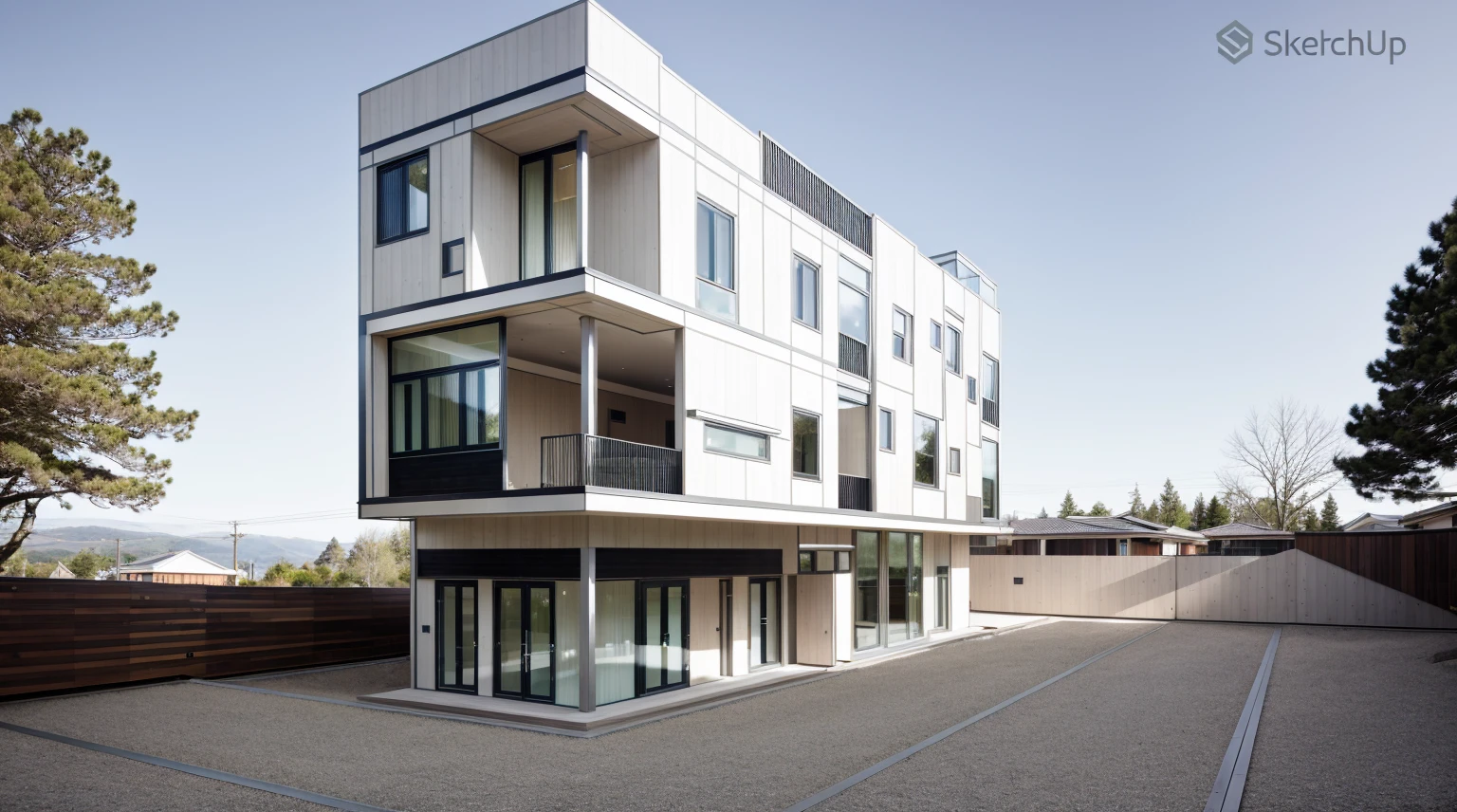 house exterior contemporary style, modernism, glass doors and windows,black metal rail, conwood ceilling, masterpiece, highquality, realistic photo, canon eos 5D mark, natural light, inspired of Sou Fujimoto