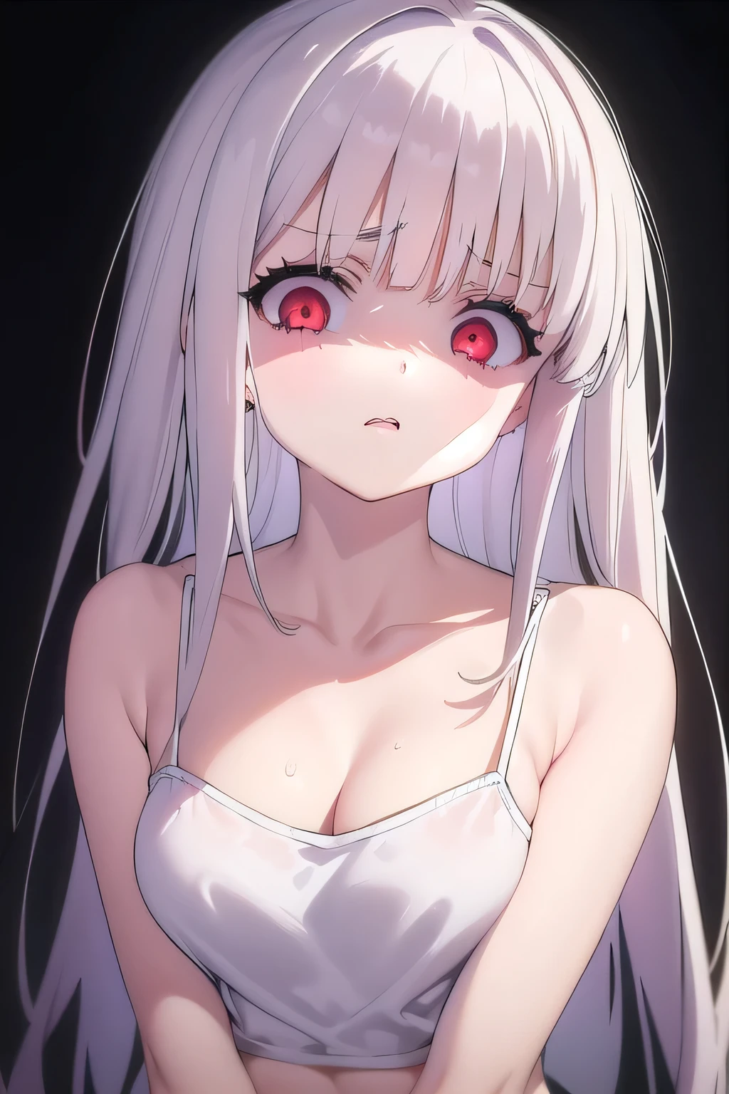 masterpiece, best quality, ultra-high-detailed, Disgusted face, white hair, red eyes, sigtuna julie , looking to viewer, deep eyes,  glare eyes, Camisole , croptop, bare shoulder, black background , sweated a lot, cleavage, focus to chest, sweaty cleavage , upper body , leans forward, squeeze chest , arms behind back , front , small breast