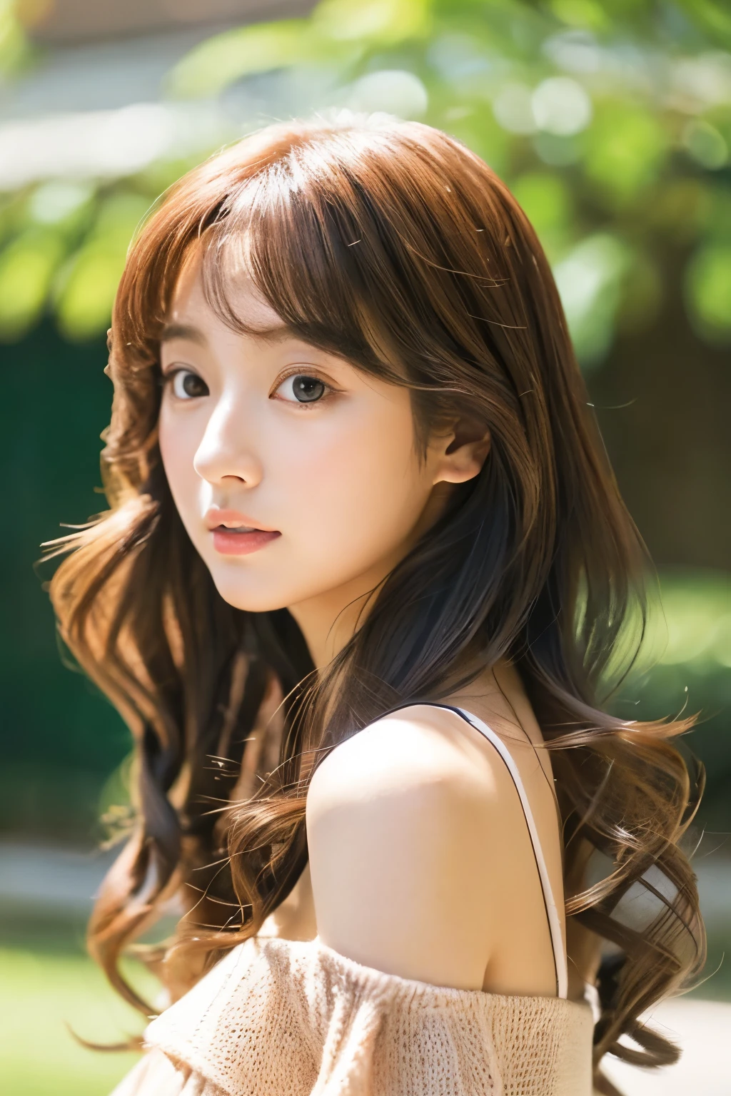 The location is Omotesando、Korean、elegant、elegant、Girl with long curly hair、turn、Off-shoulder、This face is Arimura Kasumi、Big round eyes、Sunlight、round face、Wide Double Width、Crisp、With bangs、Brown eyes、short nose、