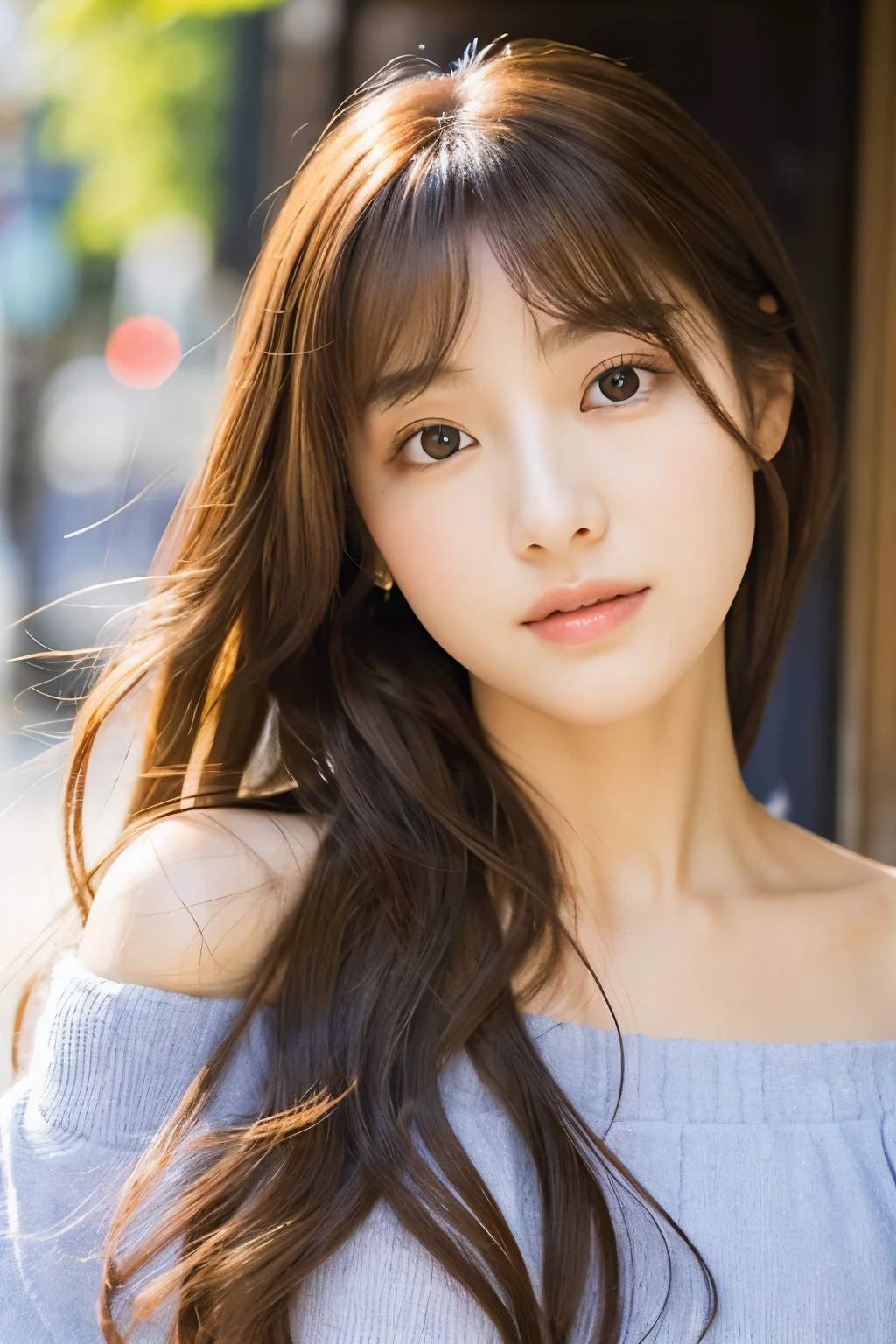 The location is Omotesando、Korean、elegant、elegant、Girl with long curly hair、turn、Off-shoulder、This face is Arimura Kasumi、Big round eyes、Sunlight、round face、Wide Double Width、Crisp、With bangs、Brown eyes、short nose、