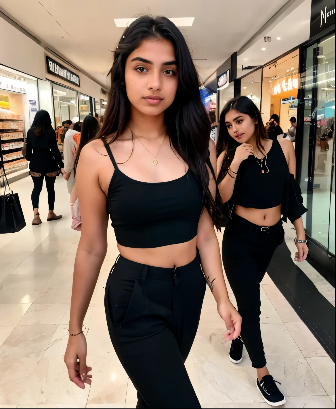 A realistic instagram influencer Model girl, age 19 years old Indian, small and rad hair, small and attractive lips, eyes 👀 Big size and rad colour, Full fairy, Brest is big size, dress upper dress scuff and lower long black Cort pants, walking in shopping Mall with friends!