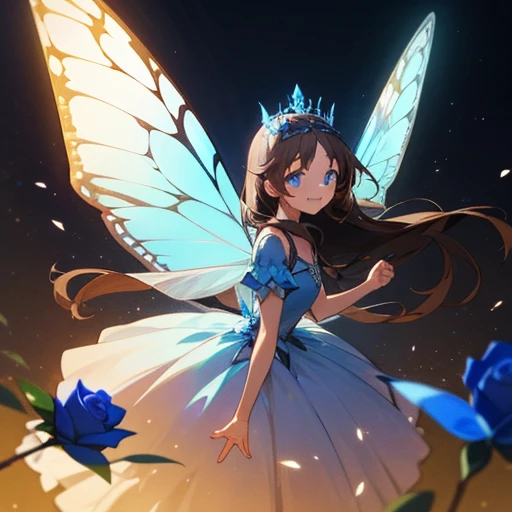 1 Girl, Fairy, Fairy女王, Blue butterfly wings, Brown Hair, long hair, Silver tiara, Blue Eyes, Fantastic blue dress, Blue glowing rose, Glowing Butterfly, smile, Use the magic of light, Glowing Butterflyが住む幻想的な夜の森