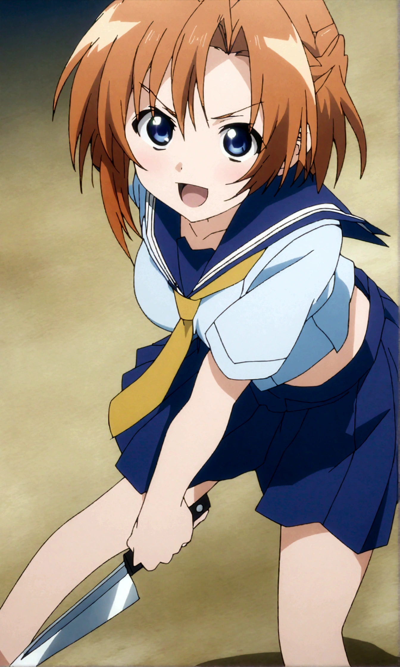 score_9, score_8_up, score_7_up, score_6_up, source_anime, anime screencap, anime coloring, 1girl, ryuuguu rena, solo, age, kawaii, breasts, medium breasts, blue eyes, blush, open mouth, orange hair, short hair, big breasts, simple background, white background, blue , serafuku, skirt, smile, pleated skirt, blue skirt, necktie, yellow necktie,mediumshot,holding machete,looking at viewer,stance,dynamic angle,