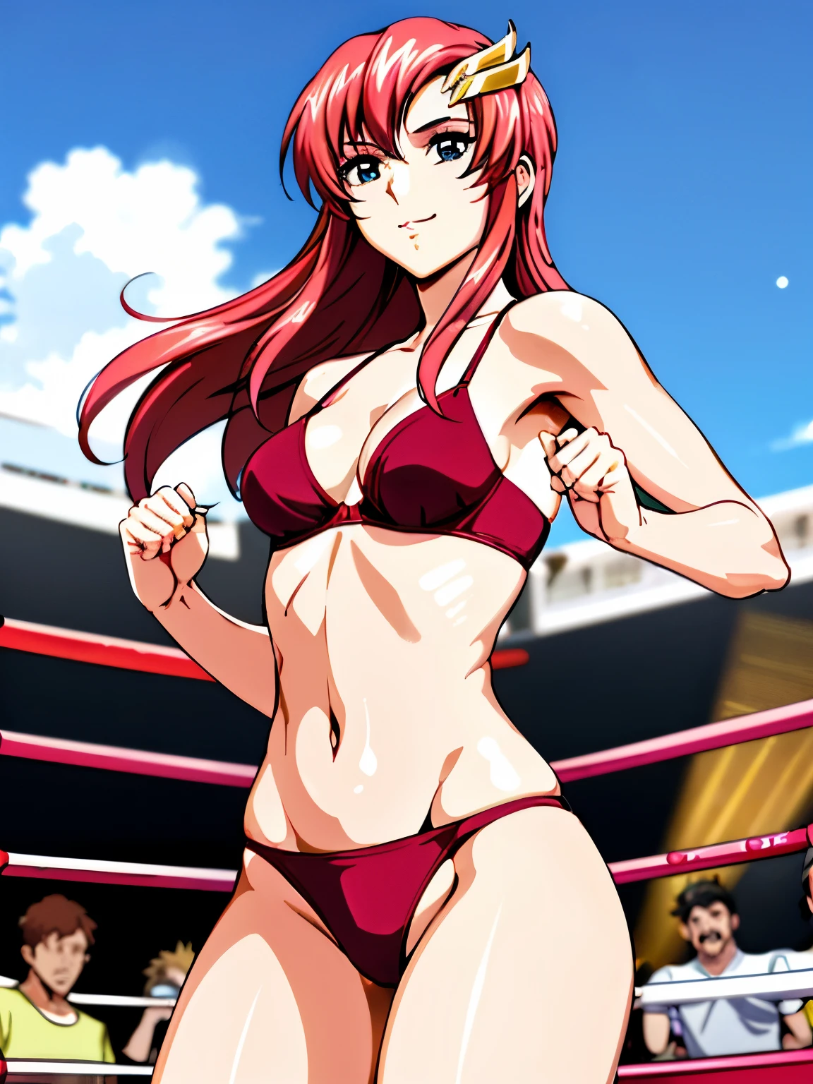 lacus4, (red bikini, running, thong, thin girl, masterpiece, cowboy shot, very slim shoulders, 4K, Best Quality, Anime style: 1.9, happy, Adult Woman, (ultra detailed head), (wrestling arena with crowd, cloud background), Drawing lines, high resolution, lacus4), 1girl, Solo, curvy figure, Long hair, clavicle, scapular, (Detailed wide hair bangs, Hair Ornament, Detailed reddish-pink hair, shiny streaks, slim arms, detailed golden crest), cleavage, large hands, (hair cover shoulders). (Big blue eyes, shiny eyes), ((female wrestler, (slim body), slim arms, closed fists, thighs)), ((perfect proportions, medium-small breasts, medium thighs, long belly)), ((totally red bra)), smile with a wink, (standing, hot colors), detailed fingers, (bare shoulders)