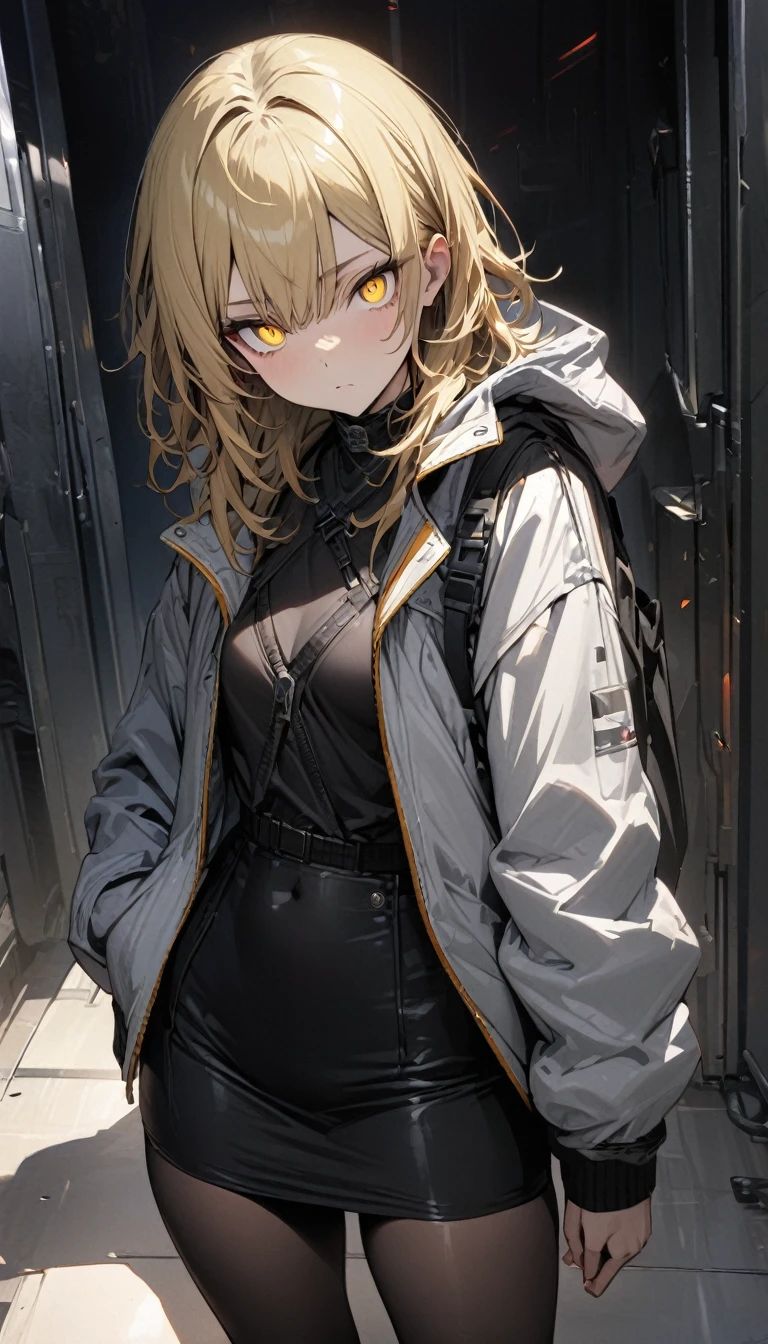 masterpiece, best quality, ultra detailed, detailed eyes,
a handsome girl,
blond hair, shaggy,
yellow eyes,
jacket, black miniskirt, black tights,
expressionless,