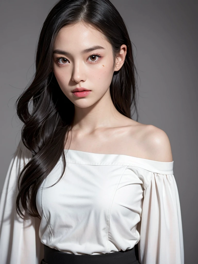 (masterpiece, best quality:1.2), (8k uhd, 16k, 32k, ultra high res), (photorealistic:1.37), (RAW photo), ultimate-realistic, ultimate-realistic details, ultimate-realistic texture, ultimate-intricate details, ultimate-realistic lighting, ultimate-realistic shadow, japanese girl, 24yo, ultimate-cute face, ultimate-RAW skin, ultimate-eyes, A young girl with long dark-brown hair and straight bangs, fair skin, and a slim build. On her face she has a large scar similar to the character “Utahime Iori” from “Jujutsu Kaisen”. She is wearing an elegant white off-the-shoulder, long-sleeved blouse; A very pretty short black ruffle style skirt.