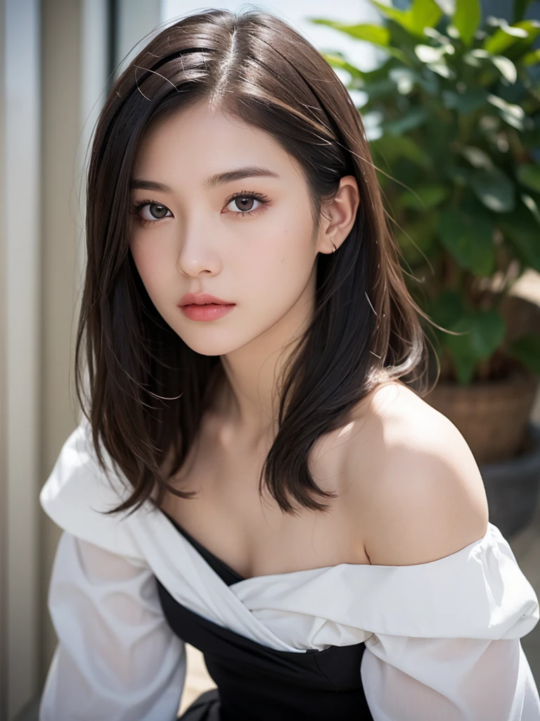 (masterpiece, best quality:1.2), (8k uhd, 16k, 32k, ultra high res), (photorealistic:1.37), (RAW photo), ultimate-realistic, ultimate-realistic details, ultimate-realistic texture, ultimate-intricate details, ultimate-realistic lighting, ultimate-realistic shadow, japanese girl, 24yo, ultimate-cute face, ultimate-RAW skin, ultimate-eyes, A young girl with long dark-brown hair and straight bangs, fair skin, and a slim build. On her face she has a large scar similar to the character “Utahime Iori” from “Jujutsu Kaisen”. She is wearing an elegant white off-the-shoulder, long-sleeved blouse; A very pretty short black ruffle style skirt.