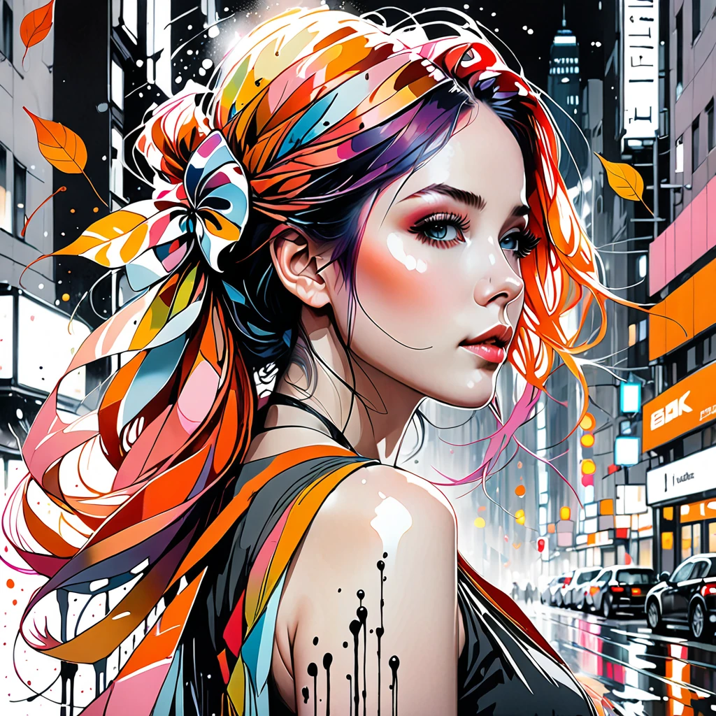 (8k, best quality, masterpiece:1.2),(best quality:1.0), (ultra highres:1.0), pencil artwork, a beautiful woman, shoulder, hair ribbons, by agnes cecile, full body portrait, extremely luminous bright design, pastel colors, (ink:1.3), autumn lights, full body