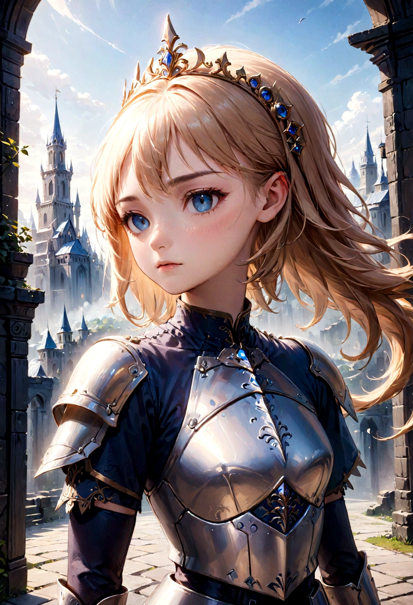 ((Masterpiece)), (Best Quality), (Cinematic),(extrem detailliertes CG Unity 8k-Hintergrundbild), ((upper body with hand)), 1/2 portrait,(with visible hand)1girl, fit, small breasts, a stunning beautiful elf warrior princess who looks dreamy in her a beautifully crafted fine and perfect fitting armor-dress. with one hand towards she is showing us a fine curved dagger in elf-handcrafted style. on her head she has decorative tiara with the same ornaments like her armor. the scenery is a little bit gritty but also awe inspiring.,1 line drawing,makeup, plain white background