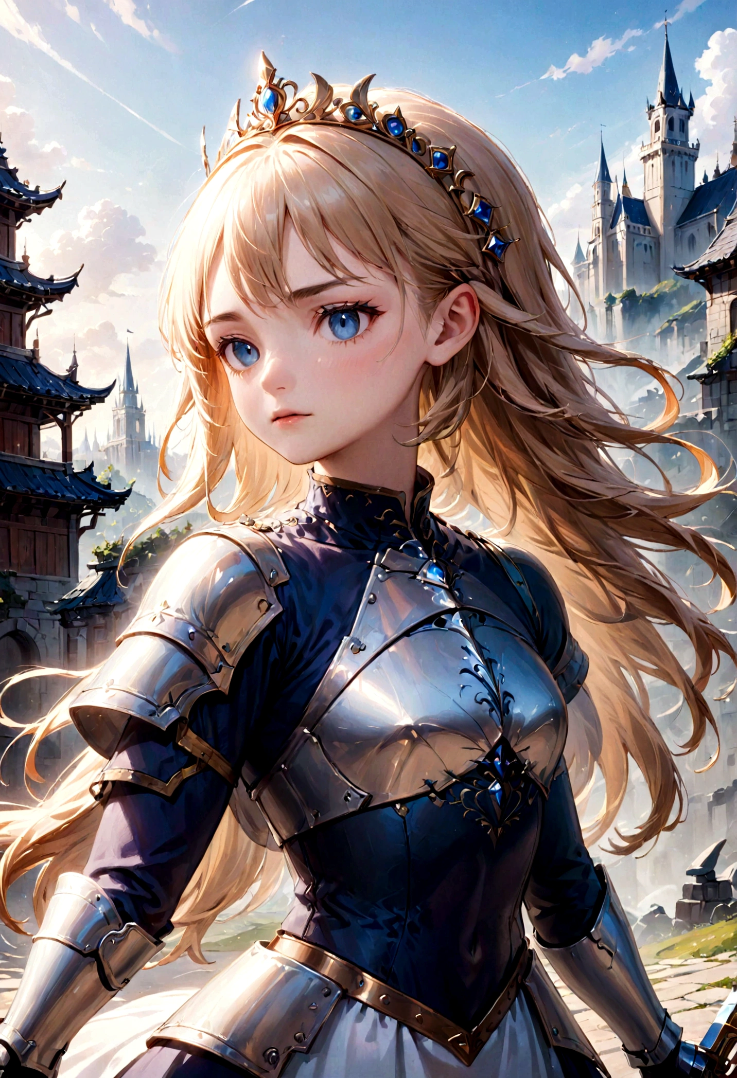 ((Masterpiece)), (Best Quality), (Cinematic),(extrem detailliertes CG Unity 8k-Hintergrundbild), ((upper body with hand)), 1/2 portrait,(with visible hand)1girl, fit, small breasts, a stunning beautiful elf warrior princess who looks dreamy in her a beautifully crafted fine and perfect fitting armor-dress. with one hand towards she is showing us a fine curved dagger in elf-handcrafted style. on her head she has decorative tiara with the same ornaments like her armor. the scenery is a little bit gritty but also awe inspiring.,1 line drawing,makeup, plain white background