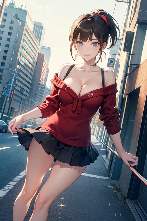 (masterpiece:1.2, top-quality), (realistic, photorealistic:1.4), beautiful illustration, (natural side lighting, movie lighting), (face focus,full body, from below),a girl, japanese, high school girl, perfect face, perfect body, cute and symmetrical face, shiny skin, babyface,(short hair:1.6), (low ponytail:1.6), long sideburns, light brown hair), asymmetrical bangs, dark blue eyes, big eyes, drooping eyes, (small breasts, posed cleavage,seductive thighs, big ass), beautiful hair, beautiful face, beautiful detailed eyes, beautiful clavicle, beautiful body, beautiful chest, beautiful thigh, beautiful legs, beautiful fingers, (off-shoulder red sweter dress:1.3), (sleeveless black:1.1),( brown tight mini skirt), emerald green hair ribbon), (beautiful scenery), morning, (street), standing, upper eyes, (with sparkling eyes and a contagious smile:1.2),looking at Viewer