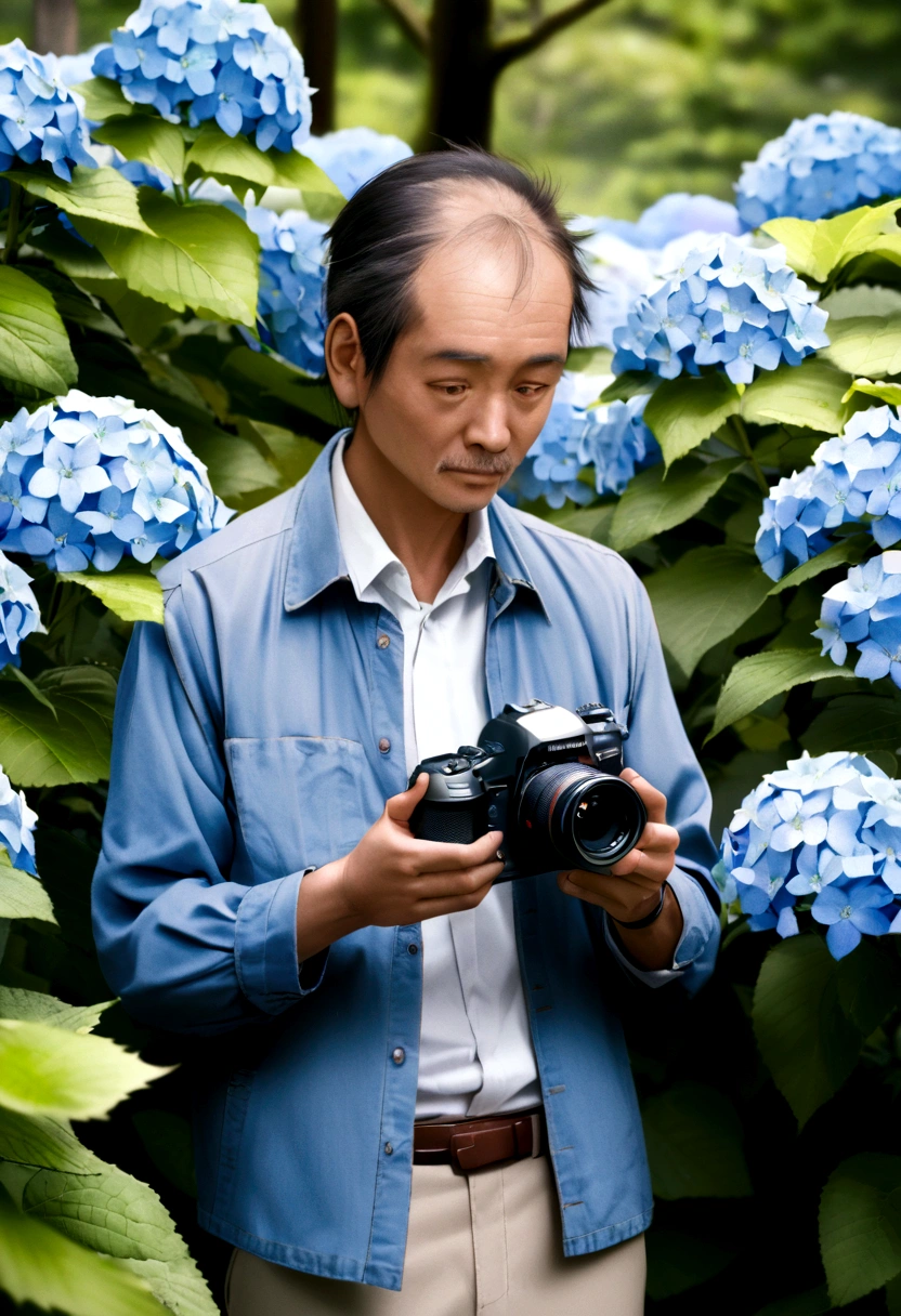 A Japanese male photographer with thinning hair stands and photographs hydrangea flowers.