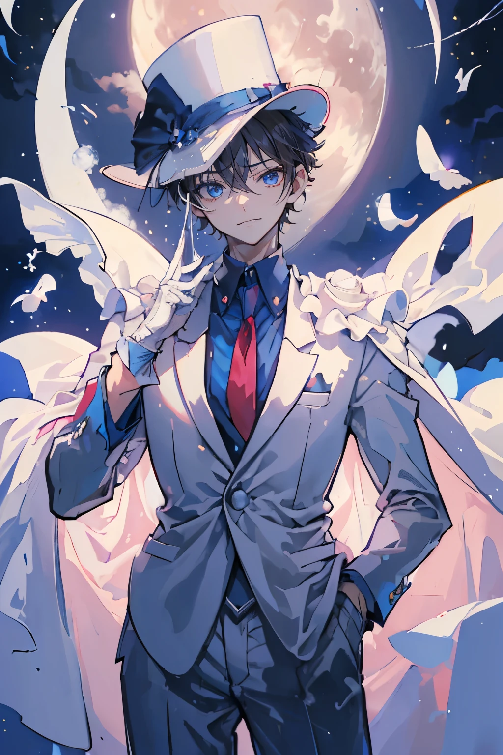 (Mastepiece), (Best Quality), Very detailed, ((17 year old boy:1.5)), Perfect Face, Beautiful Face, Very detailedな顔，(Black short hair:1.3)，((White Suit 1.4))、(Blue Shirt)、(Pink tie)、((White Top Hat 1.4))、((White Cape:1.4))、(White Gloves 1.4)、(Monocle 1.3)、(Playing cards 1.2)、(White Moon:1.4)、(Night Sky:1.5)、(White Dove:1.3)、magician