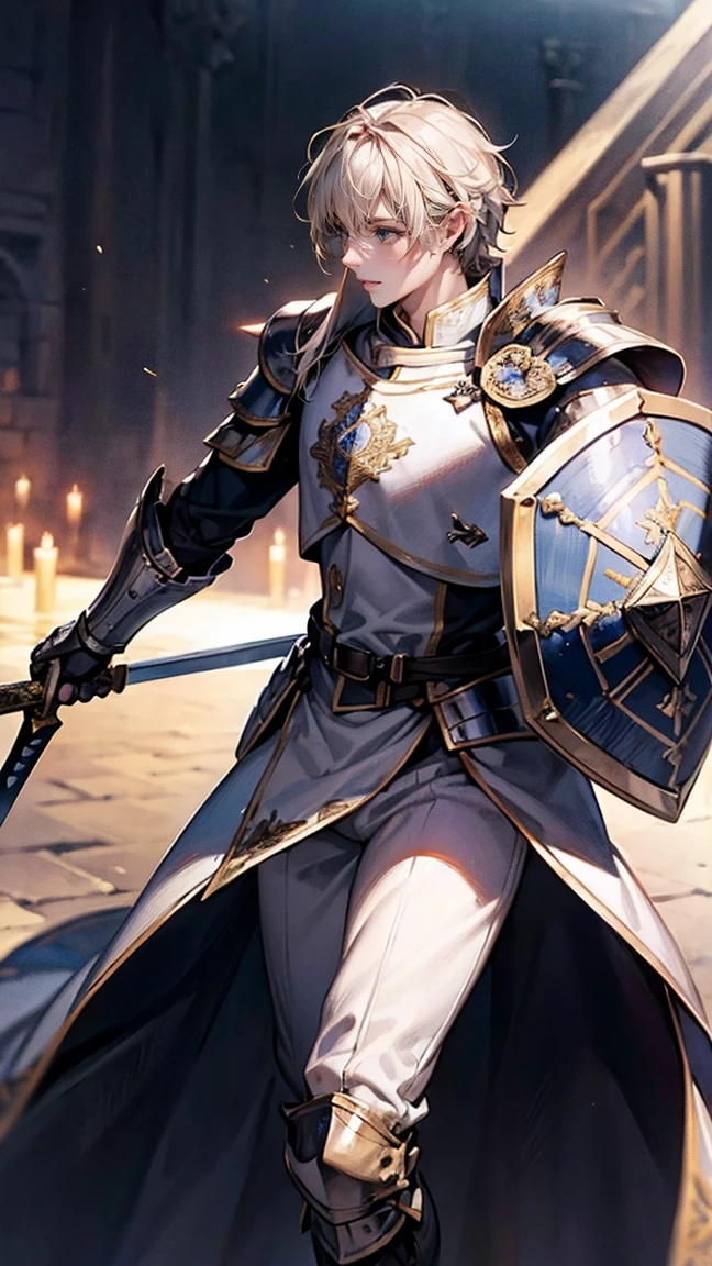 highest quality、masterpiece、8k、Realistic、超High resolution、Very delicate and beautiful、High resolution、Cinema Lighting、medium range shooting、Portraiture、(Perfect Male Body:1.6)、Opposition、Looking at the audience、((Knights of Another World、Shining Armor、Shield with emblem、Sharp Sword、Brave eyes、heavy gauntlet))、Battle Scars、Sturdy boots、Chivalry、Knights&#39; coat of arms、Loyalty to the Kingdom、Ancient Swordsmanship、Combat Training、A respect for honor、Battlefield Experience、Gold decoration、Otherworldly landscapes、Old maps、Ready to Battle、Glory of War、Knight&#39;s Vow、Historic sword、Strong Will、Defending honor、Loyalty to comrades、Courage to face the enemy、Strong grip、King&#39;s Guardian。