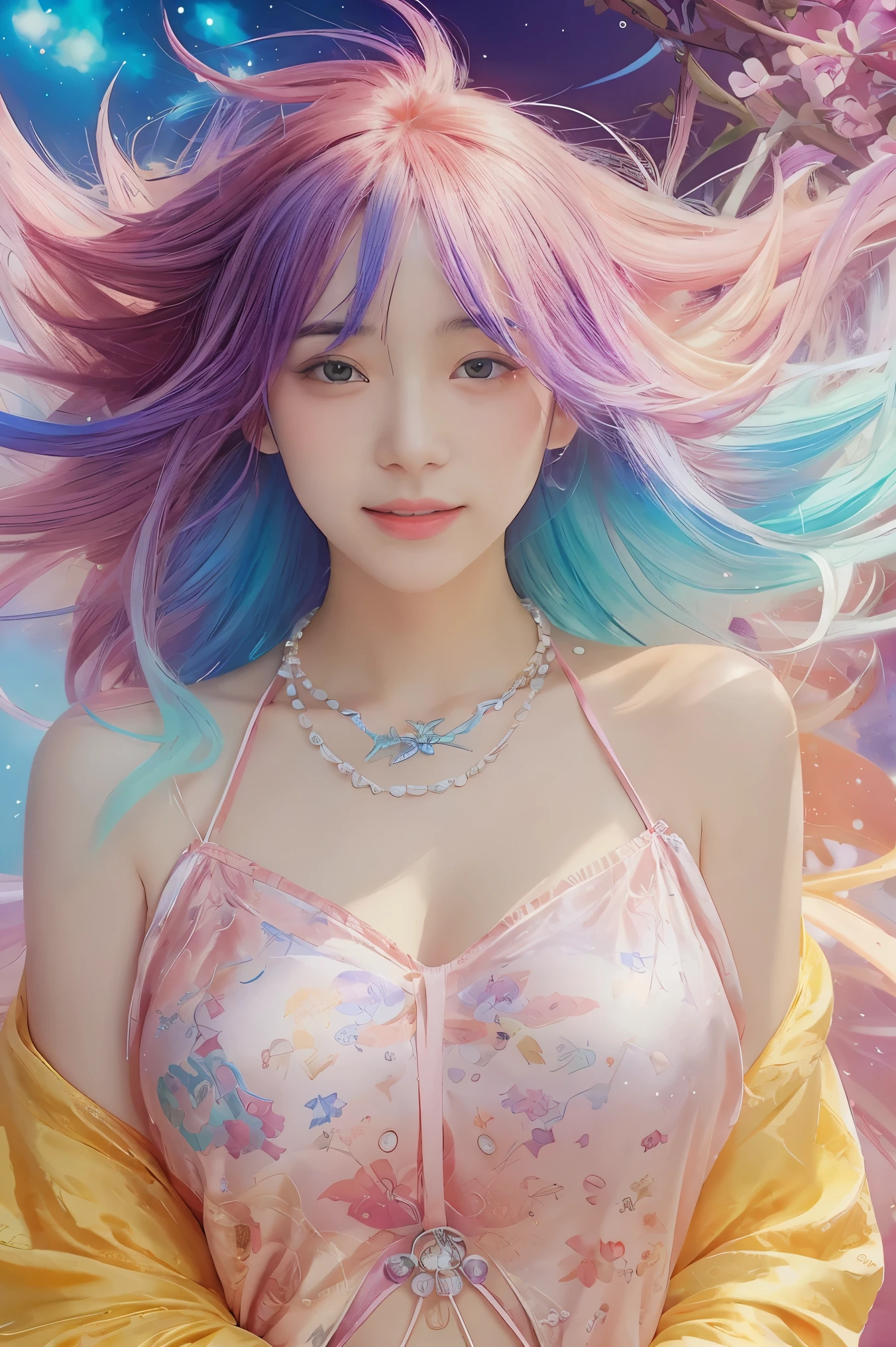 Close-up of a woman with colorful hair and necklace, anime girl with cosmic hair, soft vitality of Rossdraws, artwork in Guvez style, fantasy art style, colorful], vibrant fantasy style, Rossdraws cartoon full of vitality, universe and colorful, Guweiz, colorful digital fantasy art, stunning art style, beautiful anime style, white skin, Hulk clothes