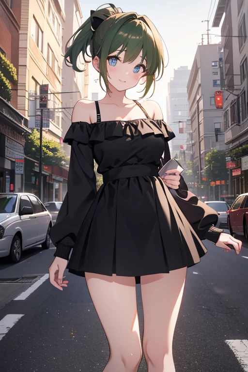 best quality, ultra-detailed, high resolution, extremely detailed cg, anime style, 8k, nice hands, perfect hands, perfect body, (green eyes), (black hair up to shoulder), drill hair, ribbon, beautiful eyes,wet clothes, short red dress, detailed and beautiful face and eyes, ((shiny skin)), shiny hair, (detailed and beautiful shiny clothes, under a kiosk, in a square, waiting for rain to pass,overcast sky, rainy day