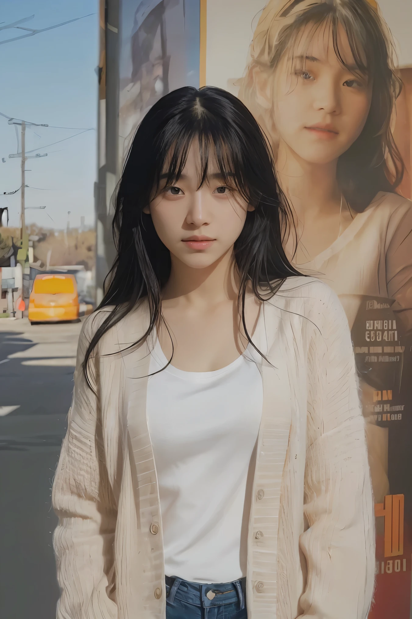 Masterpiece, Best Quality, Ultra High Resolution (Realisticity: 1.4), Original Photo, 35mm Lens, Aperture F1.4, Movie Poster, Light and Shadow, A Girl, In White Cardigan, Long Black Hair, Real Skin, (Skin Detail: 1.3),