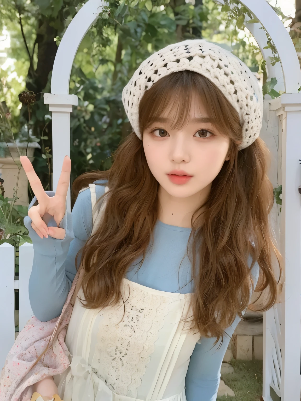 masterpiece, best quality, girl in blue and white dress,Wearing an off-white hollow knitted headscarf on her head,Facing the camera,Long hair,Honey brown long curly hair,Wool Curly Hairstyle,19 years old,Sweet girl,a girl,Exquisite facial features,