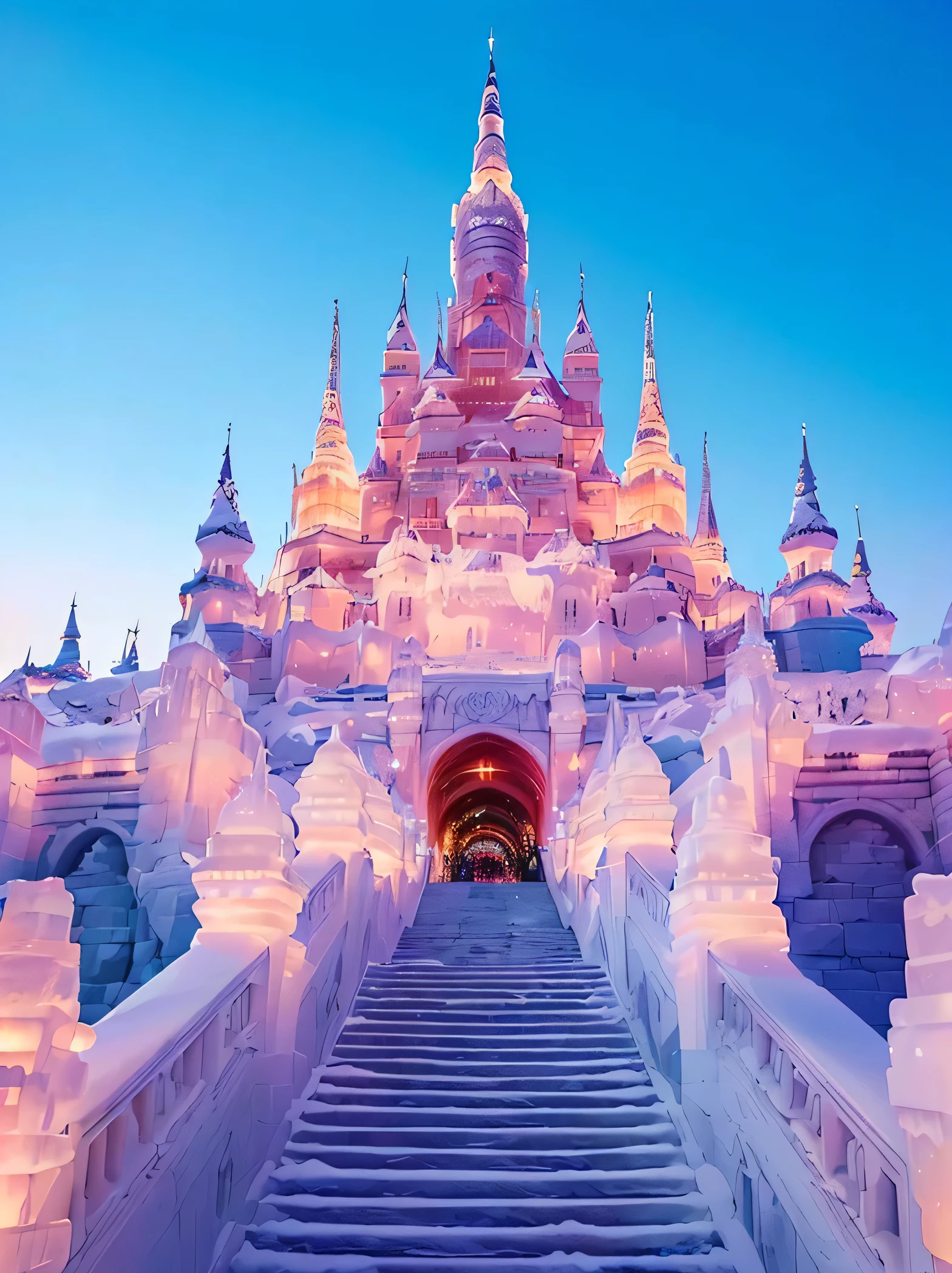 a close up of a staircase leading to a castle with a lit up building, the temple of truth is white, trending ，, beautiful castle, icy, sitting on ice throne, ice city in 2 0 8 0, frozen like a statue, glowing temple in the distance, cold but beautiful, chinese palace, beautiful image, winter, cold as ice! 🧊