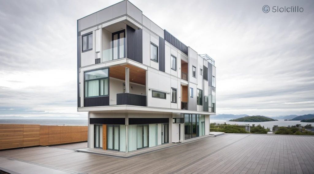 house exterior contemporary style, modernism, glass doors and windows,black metal rail, conwood ceilling, masterpiece, highquality, realistic photo, canon eos 5D mark, natural light, inspired of Sou Fujimoto