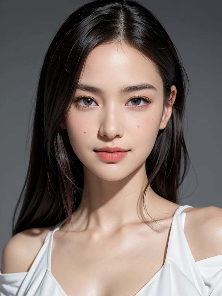 (masterpiece, best quality:1.2), (8k uhd, 16k, 32k, ultra high res), (photorealistic:1.37), (RAW photo), ultimate-realistic, ultimate-realistic details, ultimate-realistic texture, ultimate-intricate details, ultimate-realistic lighting, ultimate-realistic shadow, japanese girl, 24yo, ultimate-cute face, ultimate-RAW skin, ultimate-eyes, A young girl with long dark-brown hair and straight bangs, fair skin, and a slim build. Very cute smile, On her face she has a large scar similar to the character “Utahime Iori” from “Jujutsu Kaisen”. She is wearing an elegant white off-the-shoulder bra ; A very pretty short black ruffle style skirt.