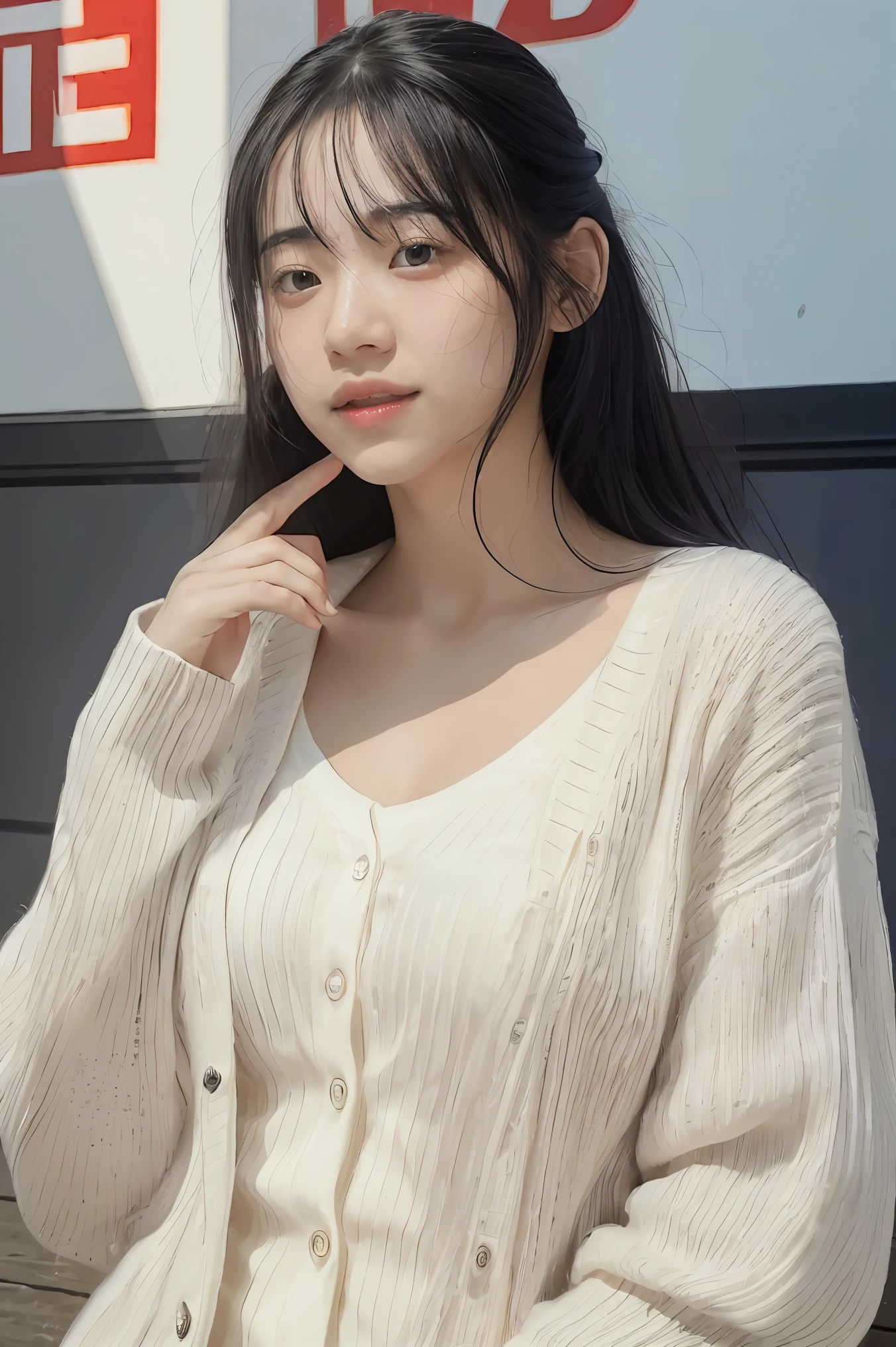 Masterpiece, Best Quality, Ultra High Resolution (Realisticity: 1.4), Original Photo, 35mm Lens, Aperture F1.4, Movie Poster, Light and Shadow, A Girl, In White Cardigan, Long Black Hair, Real Skin, (Skin Detail: 1.3),