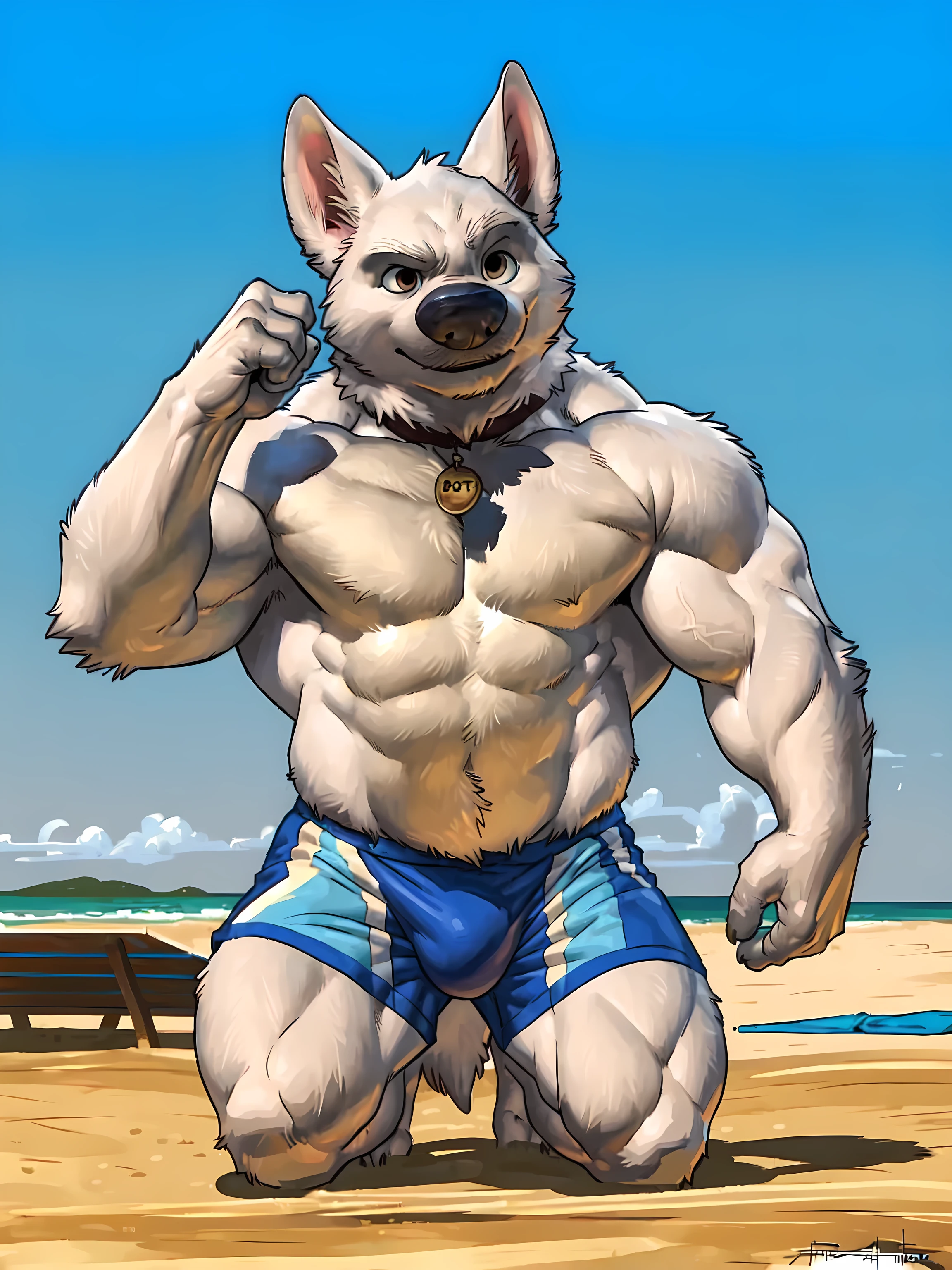 bolt the dog, 4k, high resolution, best quality, detailed, posted on e621, solo, anthro body, masculine, male, (very muscular:1.2), (beach background:1.0), (correct anatomy):1, (detailed eyes:1.1), sexy, (cel shaded:1.2), cartoony shading, (strong shadows, dramatic shadows):1.2, confident, (by wfa, by meesh, by Taran Fiddler), strong, (half body, upper body:1.1), collar, swim shorts, bulge