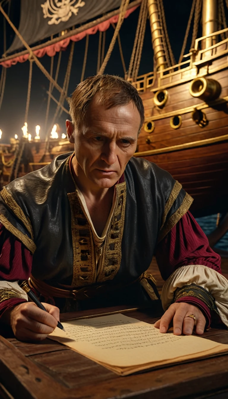 Cinematic style, Julius Caesar writing poetry on a pirate ship, background dark, hyper realistic, ultra detailed hyper realistic, photorealistic, Studio Lighting, reflections, dynamic pose, Cinematic, Color Grading, Photography, Shot on 50mm lens, Ultra-Wide Angle, Depth of Field, hyper-detailed, beautifully color, 8k, golden light from the front,