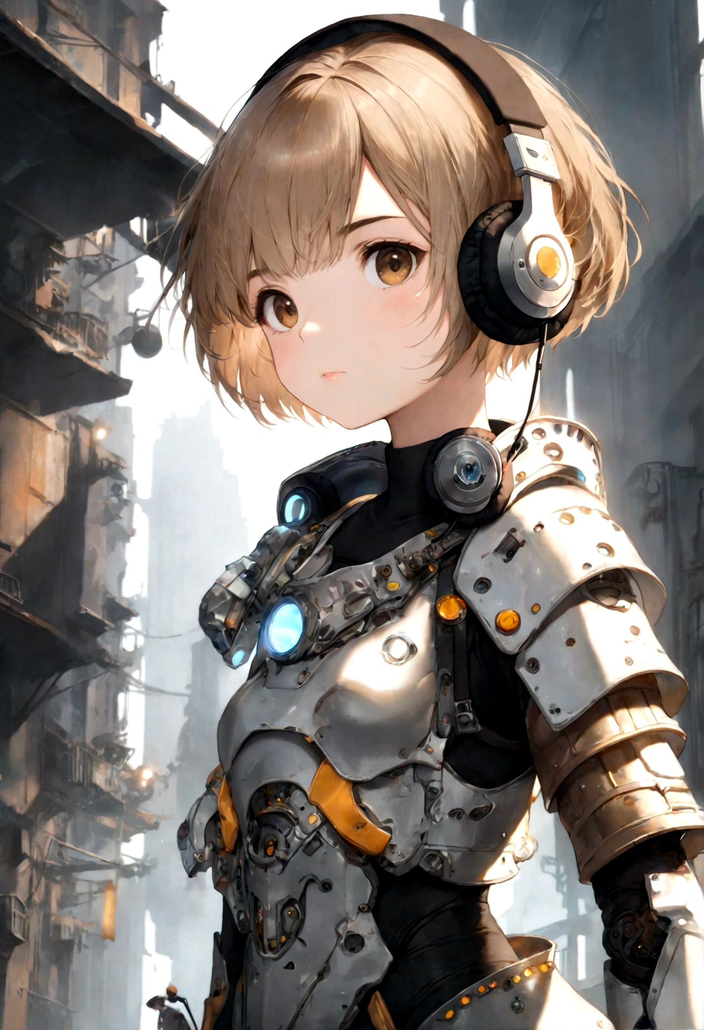 a kawaii fantasy cyber punk armored knight girl with white armor, (wearing a headphone: 1.5), top-quality, masterpiece, high resolution, photo realistic, (light brown very short hair: 1.8), black thick eyebrow, (brown eye: 1.2), add_detail:1, add_detail:0, add_detail:0.5, near future cyber punk industrial city, (Studio Ghibli: 1.3)