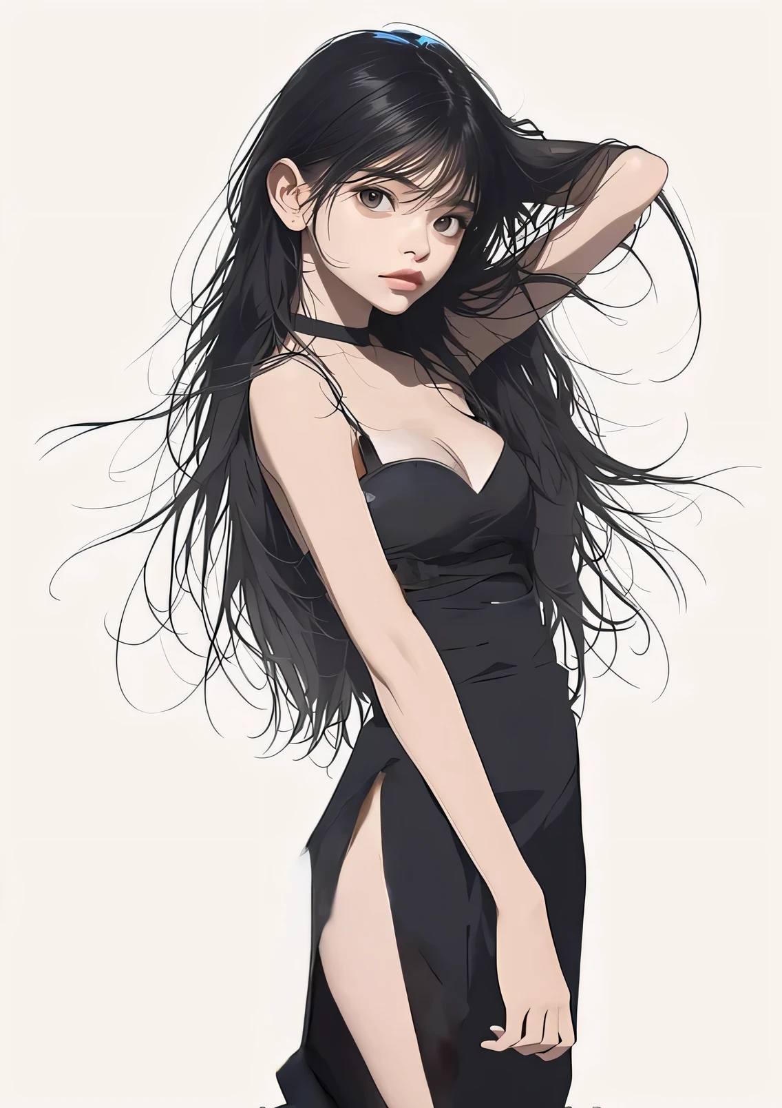 ((highest quality)), ((masterpiece)), (become familiar with), perfect face is sad　Are crying　girl　dark room　one piece　tears　anxious face　Are crying　black hair　Slightly looking down　standing up straight　The whole body is shown　beautiful woman