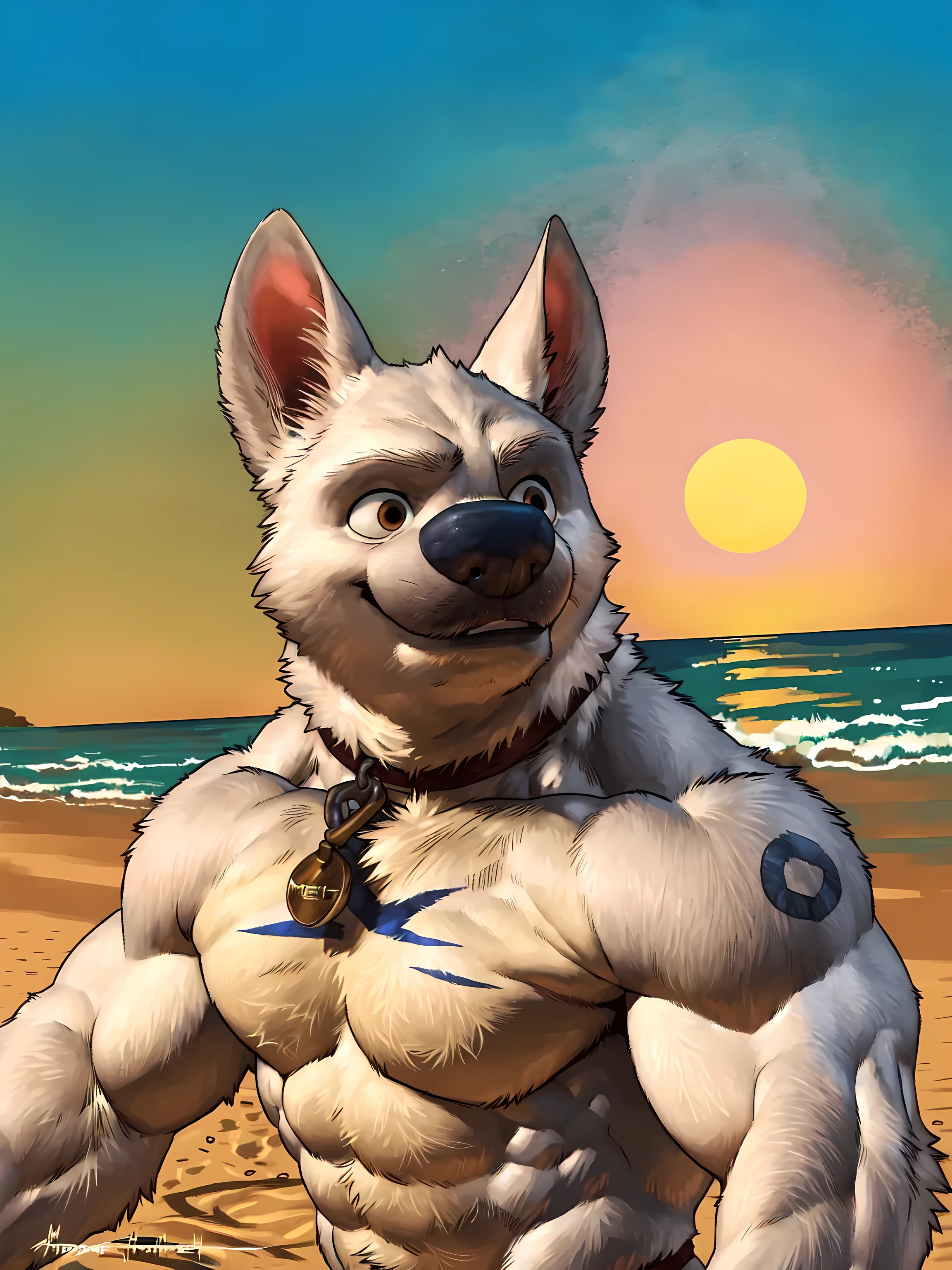 bolt the dog, 4k, high resolution, best quality, detailed, posted on e621, solo, anthro body, masculine, male, (very muscular:1.2), (beach background, sunset, backlight:1.1), (correct anatomy):1, (detailed eyes:1.1), sexy, (cel shaded:1.2), cartoony shading, (strong shadows, dramatic shadows):1.2, confident, (by wfa, by meesh, by Taran Fiddler), strong, (half body, upper body:1.1), collar, subtle smile