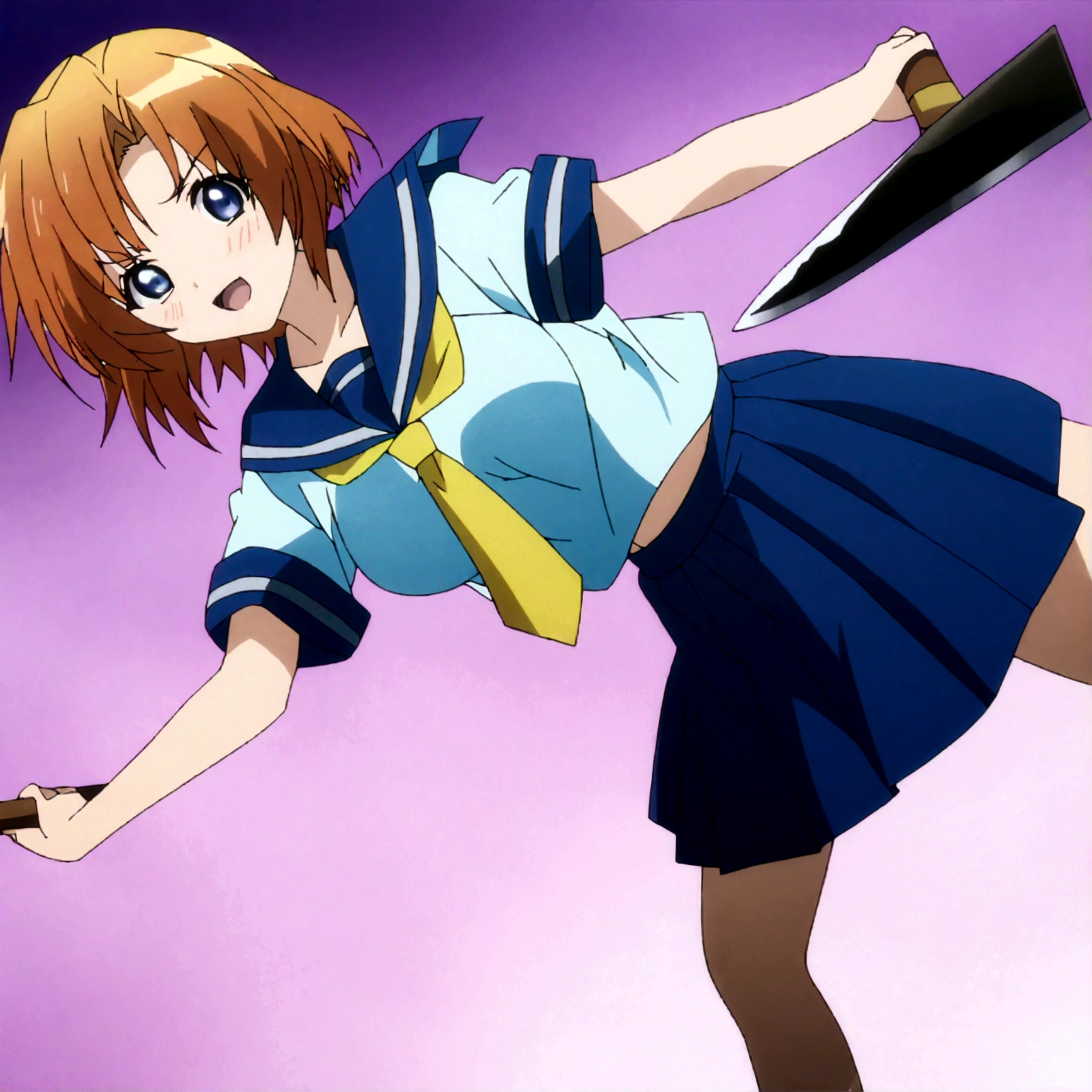 score_9, score_8_up, score_7_up, score_6_up, source_anime, anime screencap, anime coloring, 1girl, ryuuguu rena, solo, teenage, kawaii, breasts, medium breasts, blue eyes, blush, open mouth, orange hair, short hair, big breasts, simple background, white background, blue , serafuku, skirt, smile, pleated skirt, blue skirt, necktie, yellow necktie,mediumshot,holding machete,looking at viewer,stance,dynamic angle,