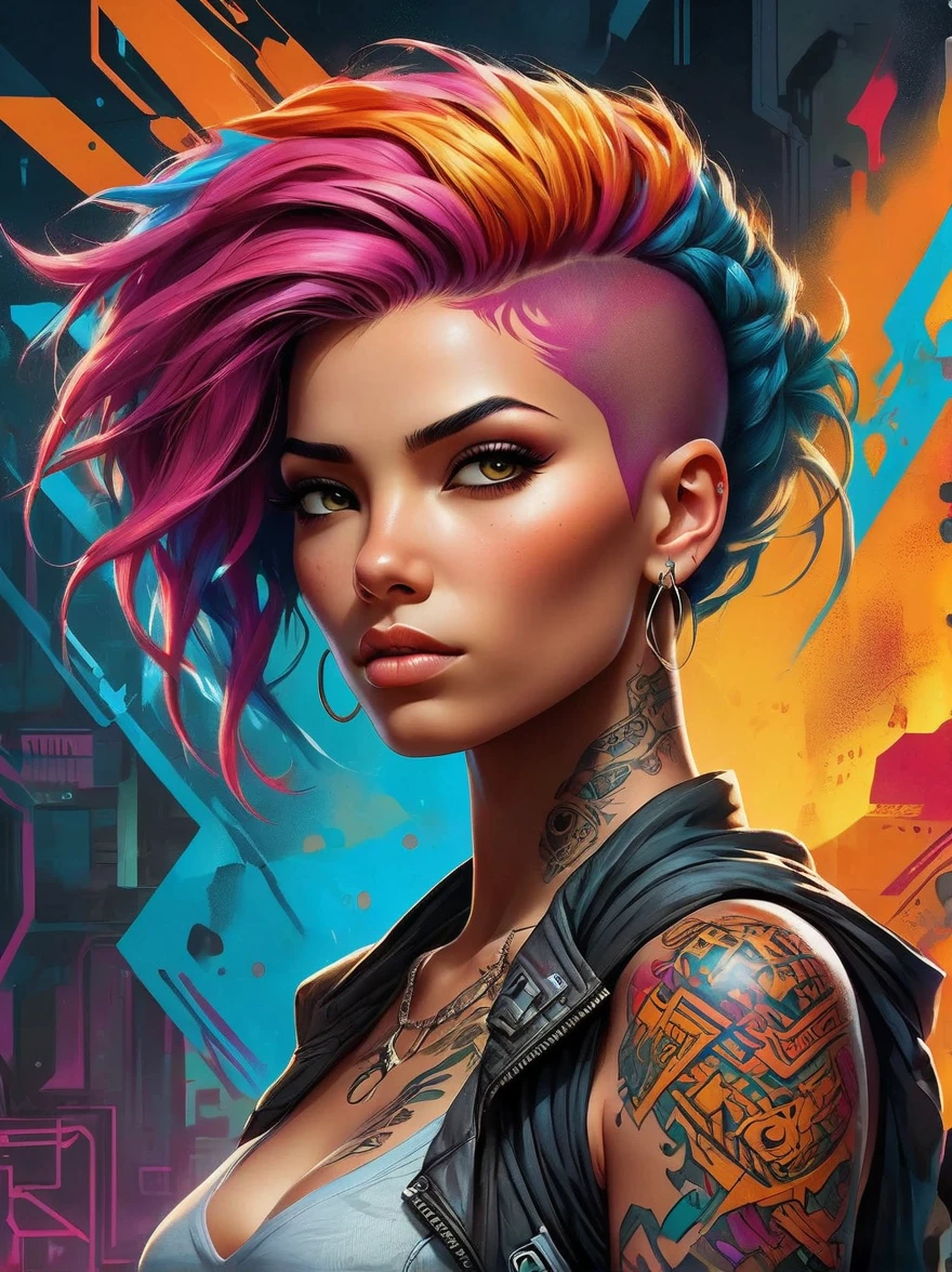 A defiant, fiery young woman of Middle Eastern descent adorned with an array of vibrant, multicolored hair and intricate tattoo patterns that are reminiscent of comic book art. Striking and contrasting colors will be used to illuminate her dynamic postures and expressions. This digital illustration will adopt a graffiti-infused aesthetic with urban stylistic elements populating the background. The image will exude the narrative style of the cyberpunk genre, liberally sprinkling futuristic elements and a dystopian ambiance. An electrifying scene with this trailblazer character, leveraging a digital medium to thoroughly accentuate the comic book style and animate her character.