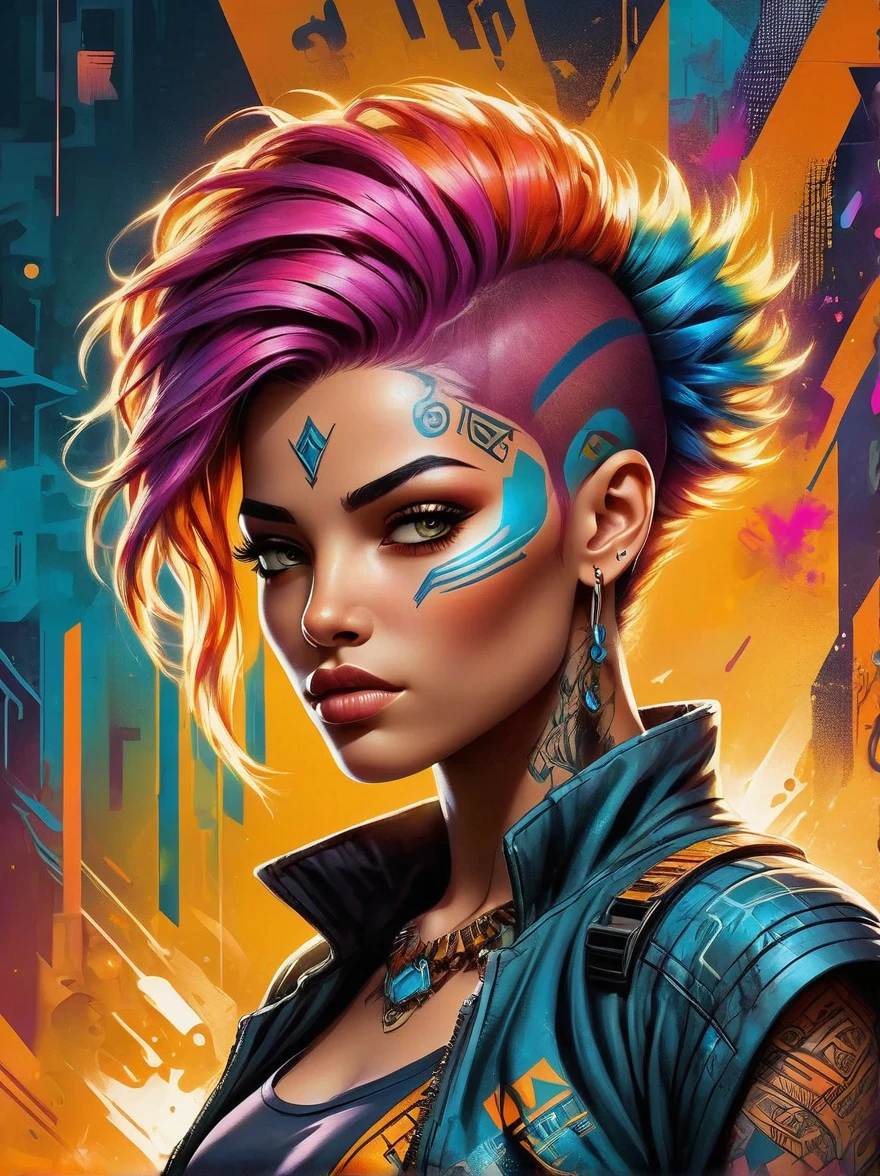 A defiant, fiery young woman of Middle Eastern descent adorned with an array of vibrant, multicolored hair and intricate tattoo patterns that are reminiscent of comic book art. Striking and contrasting colors will be used to illuminate her dynamic postures and expressions. This digital illustration will adopt a graffiti-infused aesthetic with urban stylistic elements populating the background. The image will exude the narrative style of the cyberpunk genre, liberally sprinkling futuristic elements and a dystopian ambiance. An electrifying scene with this trailblazer character, leveraging a digital medium to thoroughly accentuate the comic book style and animate her character.