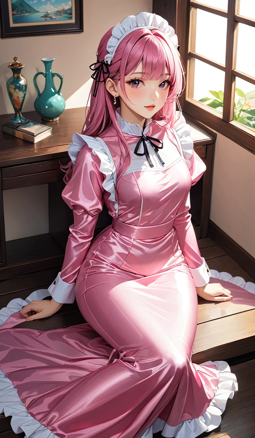 (masterpiece,highest quality,超A high resolution),Japanese women, (((Very beautiful 25 year old girl))), pretty girl、((光沢のあるピンクのSatinでできたメイドドレスは胸元を露出していない))、(Shiny pink long sleeve maid dress)、High neck shirt、Mermaid-style long skirt、Satin