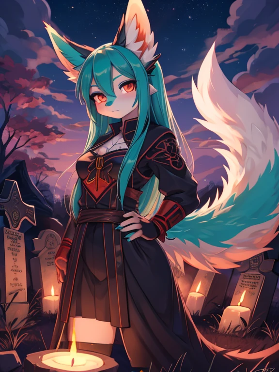 Miku Hatsune, 18 years old women, hell girl, sucubo girl, alta definicion, orejas de kitsune, wichgirl, powered bogy, magic girl, graveyard landscape, manos esqueleticas salen de la tierra y la agarran