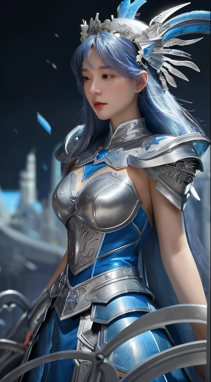 a close up of a woman in a silver and blue dress, chengwei pan on artstation, by Yang J, detailed fantasy art, stunning character art, fanart best artstation, epic exquisite character art, beautiful armor, extremely detailed artgerm, detailed digital anime art, artgerm on artstation pixiv, armor girl