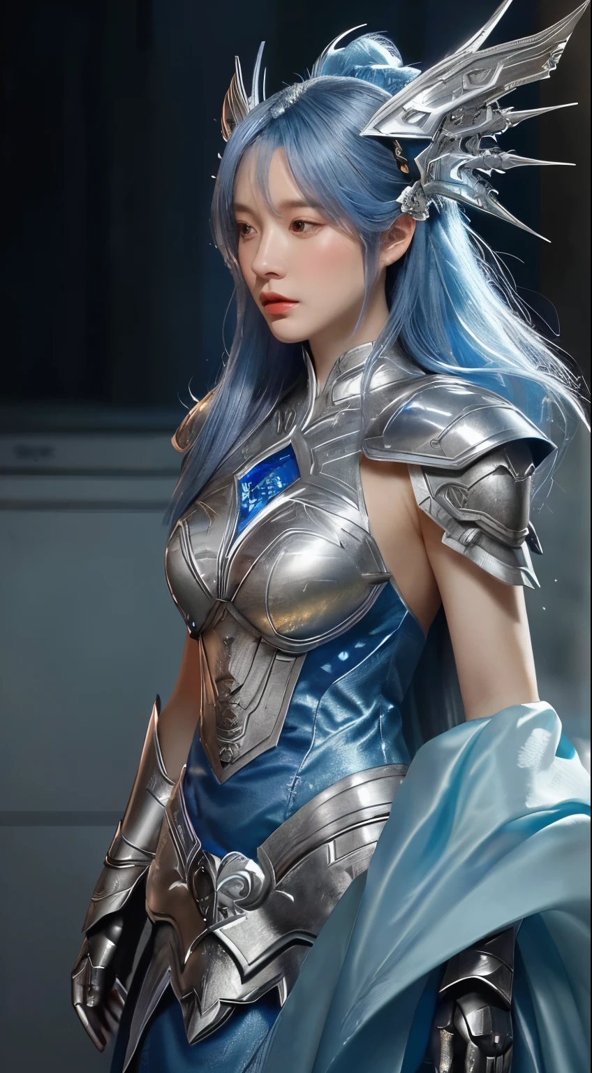 a close up of a woman in a silver and blue dress, chengwei pan on artstation, by Yang J, detailed fantasy art, stunning character art, fanart best artstation, epic exquisite character art, beautiful armor, extremely detailed artgerm, detailed digital anime art, artgerm on artstation pixiv, armor girl