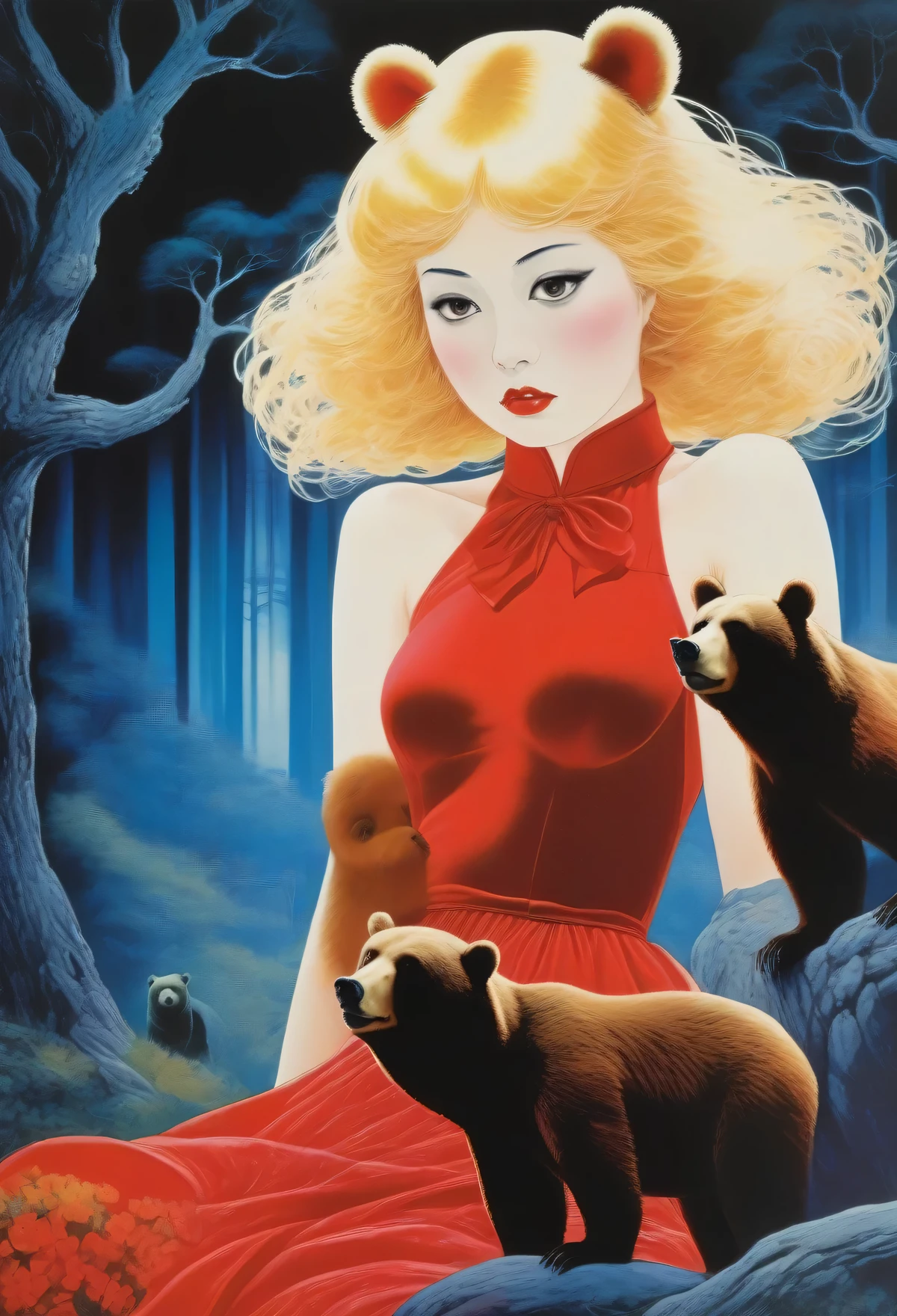Poster of Shuji Terayama, Suehiro Maruo's poignant style, weird style, slightly uneasy,
A girl with golden lungs stands between two bears. The girl is wearing a red velvet dress and has a surprised expression on her face. The bears are standing on their hind legs and have their paws on the girl's shoulders. The bears are looking at the girl with a menacing expression. The background is a dark forest.