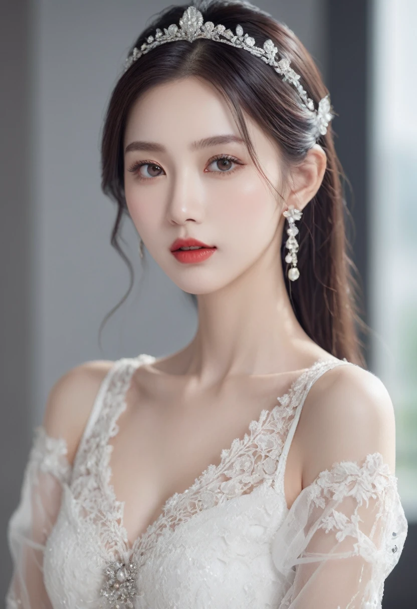 Top quality CG, Best image quality, masterpiece, Exquisite and delicate beautiful girl, (185cm Beauty), (tall and slender figure), Imperial sister, Queen temperament, Fair skin, ((Long legs)), Perfect Face, Bright Eyes, Seductive posture, Red lips, Beautiful and cold (Big Break)), Beautiful and heroic, Soft and long hair, Sparkling, Lace Edge, mesh, Skin in perspective, Wear glasses, Diamond Earrings, ruby ​​necklace, (Evening Dresses), 8K quality, (Realistic portraits), Text fills the screen, (Facial Lighting), ((Are standing)