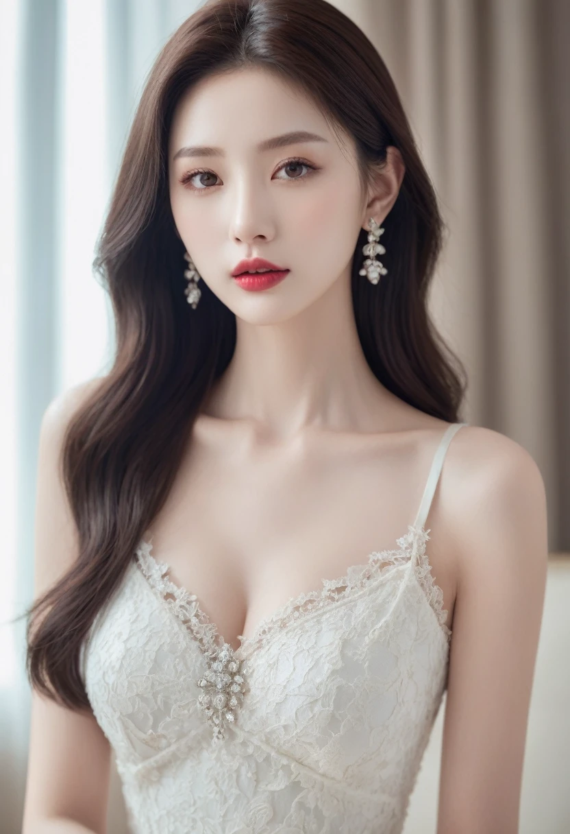 Top quality CG, Best image quality, masterpiece, Exquisite and delicate beautiful girl, (185cm Beauty), (tall and slender figure), Imperial sister, Queen temperament, Fair skin, ((Long legs)), Perfect Face, Bright Eyes, Seductive posture, Red lips, Beautiful and cold (Big Break)), Beautiful and heroic, Soft and long hair, Sparkling, Lace Edge, mesh, Skin in perspective, Wear glasses, Diamond Earrings, ruby ​​necklace, (Evening Dresses), 8K quality, (Realistic portraits), Text fills the screen, (Facial Lighting), ((Are standing)