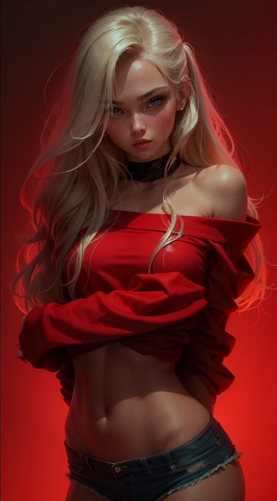 Beautiful girl , sexy slim fit body, long blonde hair , crop top, gorgeous eyes , pink rogue lips , blushed cheeks , Soft skin
