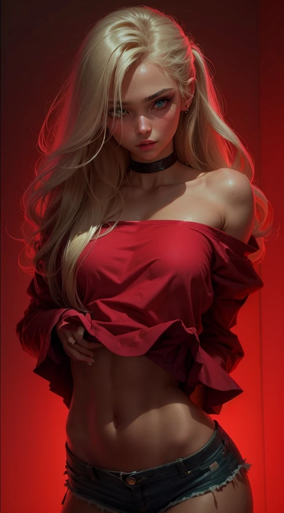 Beautiful girl , sexy slim fit body, long blonde hair , crop top, gorgeous eyes , pink rogue lips , blushed cheeks , Soft skin