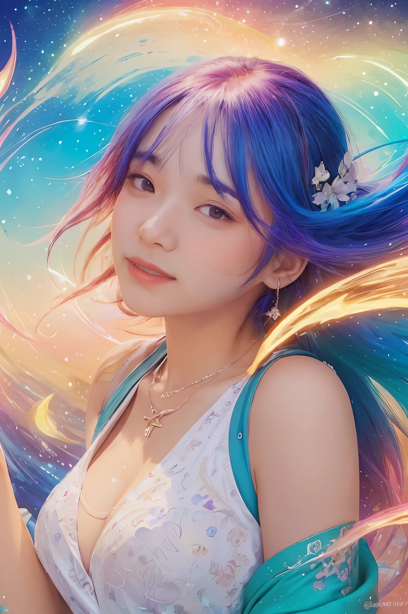 Close-up of a woman with colorful hair and necklace, anime girl with cosmic hair, soft vitality of Rossdraws, artwork in Guvez style, fantasy art style, colorful], vibrant fantasy style, Rossdraws cartoon full of vitality, universe and colorful, Guweiz, colorful digital fantasy art, stunning art style, beautiful anime style, white skin, Hulk clothes